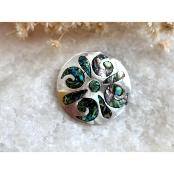 Taxco Sterling Silver Abalone Mexican Round Abstract Vintage Brooch Pendant - Picture 6 of 10